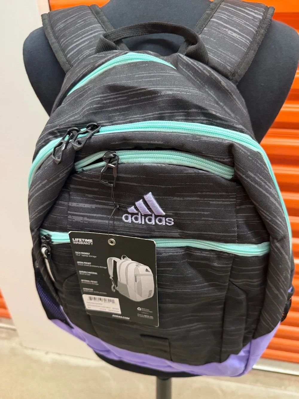 NWT Adidas Foundation ||| Black Backpack with Lavender Base and Mint Zippers